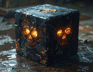 A stone cube with glowing skulls, nestled in a weathered setting with puddles. Fiery details emerge from fissures, illuminating the scene