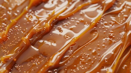 Close-up of smooth caramel sauce with a glossy texture and small bubbles. The rich brown color highlights its sweetness and culinary appeal.