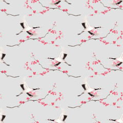 Seamless pattern of sakura and japanese red crown cranes on a grey background. Watercolor handmade illustration. For fabric, wallpaper, greeting cards, design, decoration and illustration.