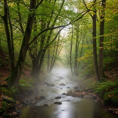 Obraz premium Misty Forest Stream Flowing Through Lush Green Woodland.