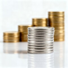 Stack of Silver Coins in Front with Blurred Gold Coin Stacks in Background Representing Savings and Investment