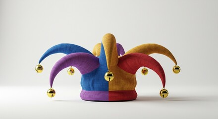 A whimsical jester's hat adorned with colorful bells, representing lightheartedness and jest, isolated on a clean, bright white background ,jester ,cap ,bright