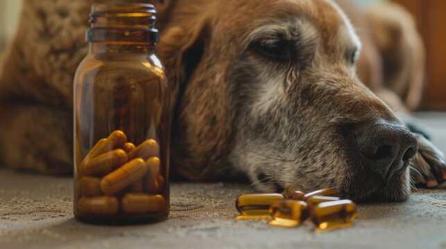 Brown dog lying on floor near open bottle and scattered capsules of medicine, veterinary care concept.