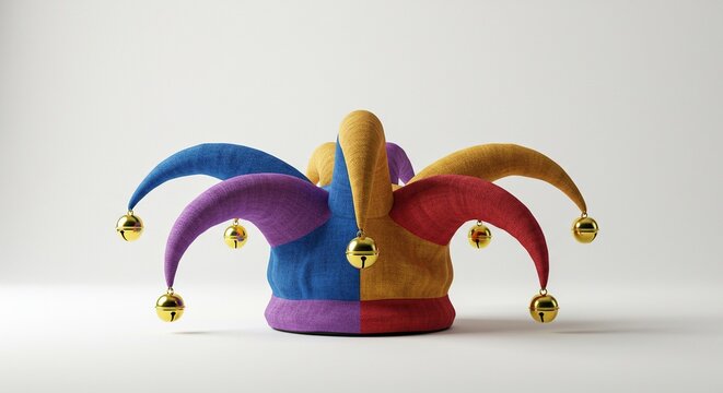 A whimsical jester's hat adorned with colorful bells, representing lightheartedness and jest, isolated on a clean, bright white background ,jester ,cap ,bright