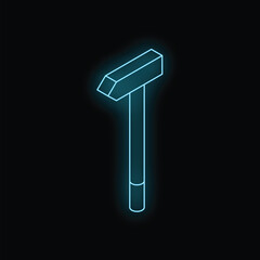 Glowing blue neon hammer on a dark background, representing construction, diy, or labor concepts