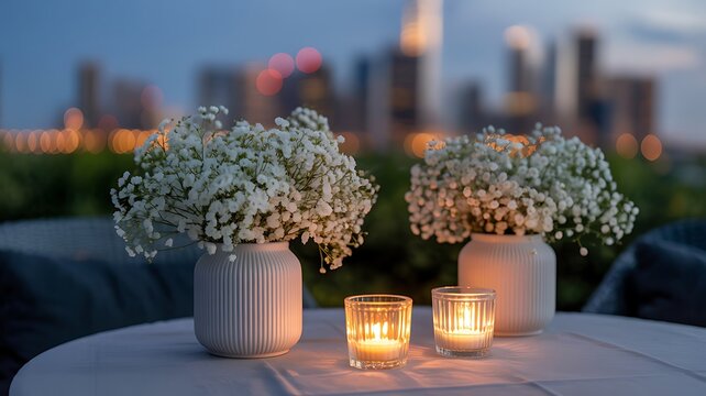 Elegant table setting with babys breath and candles at twilight - Powered by Adobe