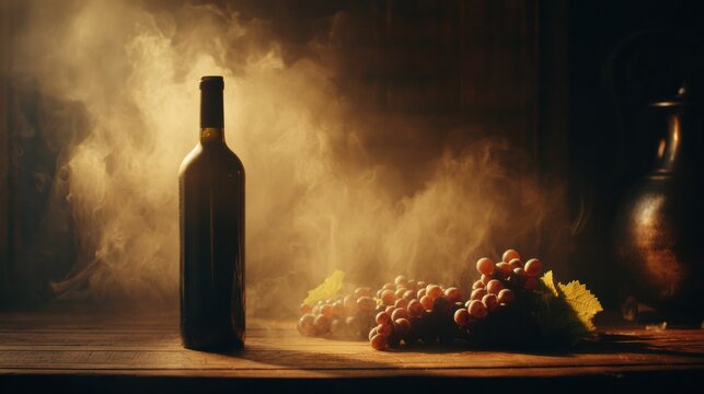 Cinematic Scene of Wine Bottle and Grapes With Golden Mist Rising Creates a Warm and Inviting Atmosphere