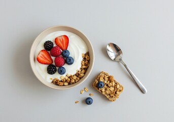 A wholesome and light snack featuring creamy yogurt, crunchy granola, and fresh berries, perfect for a gentle digestion boost ,whole grain ,healthy food ,organic