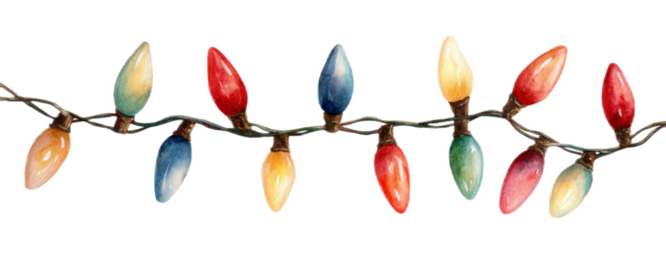A festive string of classic colorful Christmas lights with red, blue, and green bulbs isolated on a white background for holiday decoration.	