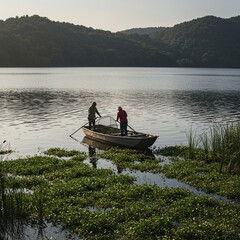 A wide-angle view of a serene lake with a small, flat-bottomed vessel actively engaged in collecting aquatic plants. Sunlight glistens on the water ,abundance ,wilderness ,healthy