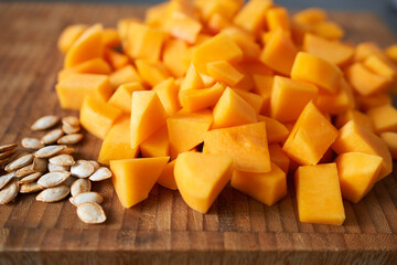 Sliced pumpkin on a cutting board with pumpkin seeds and pumpkin seeds