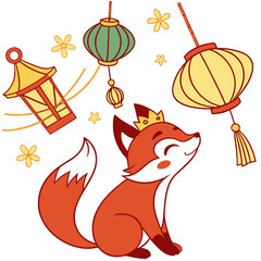 A Dreamy Foxe with with a tiny crown in a Lunar New Year / Chinese New Year theme – Year of the Dragon (or relevant animal) palette SVG illustration