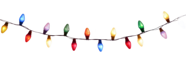 A festive string of classic colorful Christmas lights with red, blue, and green bulbs isolated on a white background for holiday decoration.	