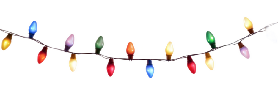 A festive string of classic colorful Christmas lights with red, blue, and green bulbs isolated on a white background for holiday decoration.	