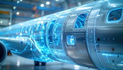 Aerospace Manufacturing: Transparent aircraft fuselage weld seam under X-ray analysis in clean room
