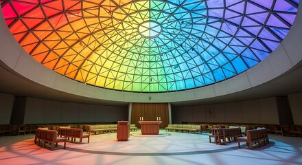 Stunning stained glass dome church interior with vibrant colors and architecture.