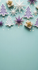 Top view of glittery tree and star ornament, gift box on the light blue surface, representing winter holiday, Christmas celebration, and festive spirit
