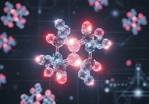Molecular structure with glowing atoms representing scientific research, nanotechnology and medical advancement - Powered by Adobe