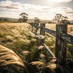 Golden Field and Rustic Fence - A Serene Landscape.