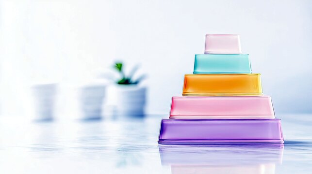 A pyramid of five colorful, translucent blocks is stacked on a reflective surface, with blurred potted plants in the background.