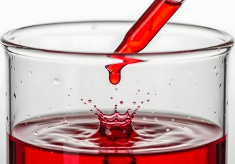 Red liquid being dropped into a beaker from a pipette, creating a splash, closeup shot, laboratory experiment