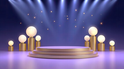 Obraz premium Elegant stage with glowing spheres under dramatic lights, perfect for presentations, awards ceremonies, or artistic showcases in a modern setting