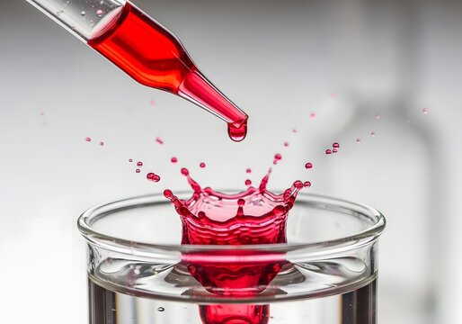 Red liquid being dropped into a beaker from a pipette, creating a splash, closeup shot, laboratory experiment - Powered by Adobe