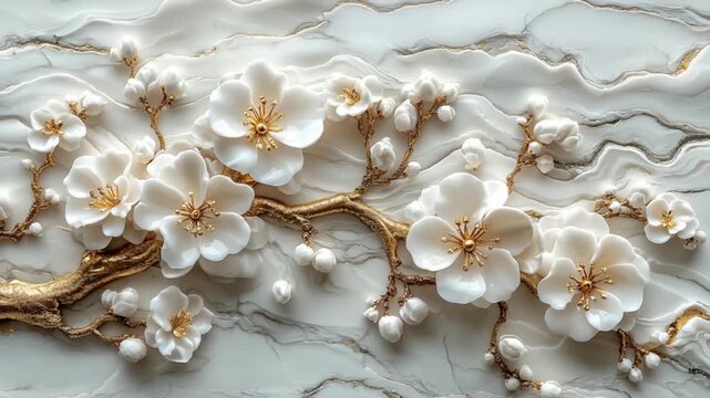 Ornate white blossoms with gold accents adorn a detailed marble backdrop.
