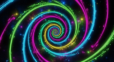 Vibrant, colorful spiral tunnel with neon lights and dynamic, swirling patterns against a dark background.