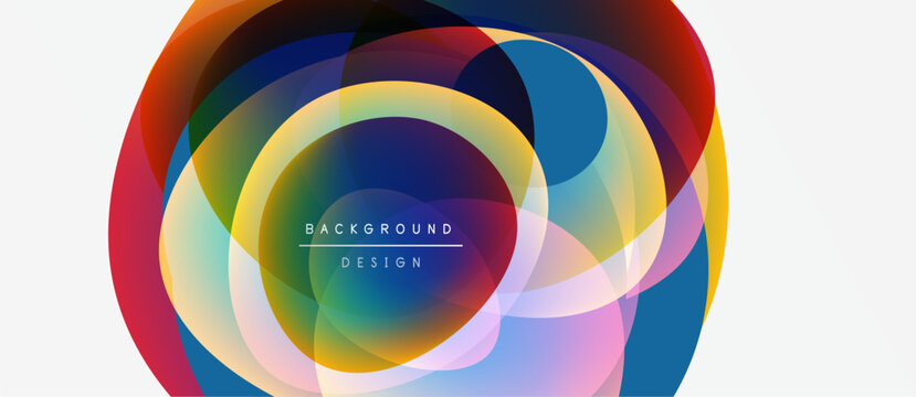 Abstract colorful layers create dynamic circular design. Vibrant hues blend, forming modern background element. Smooth gradients offer visual interest.