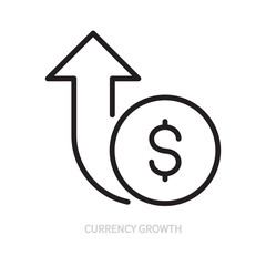Currency growth line icon. Black sign. Dollar coin and up arrow symbol. Business, finance, money, market conditions, value, investment concept. Vector illustration. Editable stroke.