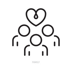 Family line icon. Black sign. Human silhouettes symbol. Heart shape. People, core value concept. Vector illustration. Editable stroke. Isolated on a white background.