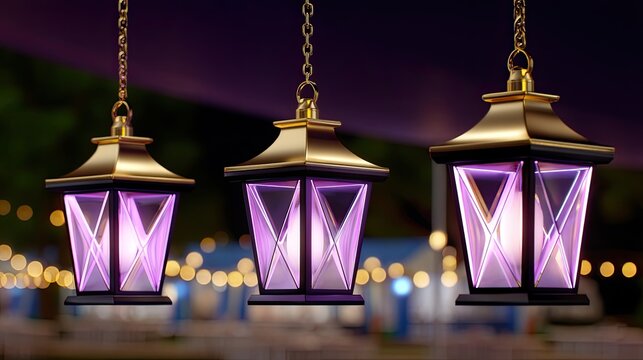 Elegant hanging lanterns glowing softly at night, decorative outdoor lighting for events, illuminated ambiance in vibrant purple hues and classic design