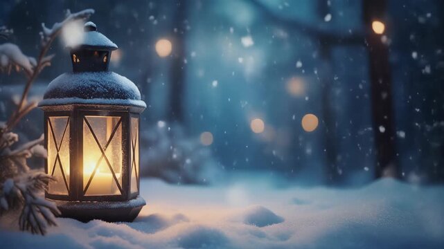 Snowy scene illuminated lantern in winter wonderland setting