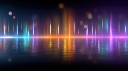 Vibrant Light Reflections Over Calm Water Surface with Ethereal Colorful Beams and Bokeh Effects for Abstract Backgrounds and Artistic Visions