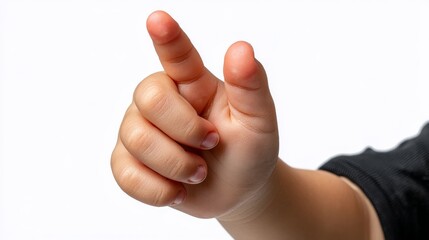 A child's hand making a finger-cross gesture for luck against a neutral background