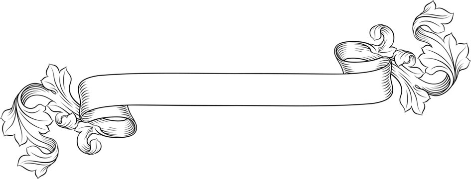 A scroll with filigree medieval crest coat of arms heraldic style pattern motif. In a vintage woodcut etching style.