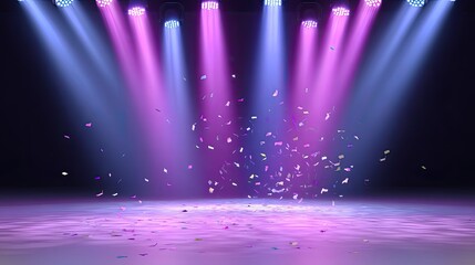 Vibrant Stage Lighting with Colorful Confetti Falling on a Smooth Floor for Celebratory Events and Performances