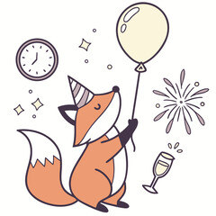 Delightful Relaxed Foxe in a New Year's Eve/Day scene with with a balloon – New Beginnings vector illustration