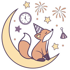 Vector illustration of a Peaceful Foxe with sitting on a moon, styled in a New Year's Eve/Day theme using New Beginnings colors