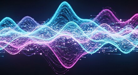 Dynamic glowing data visualization with vibrant neon waves and digital light particles against a dark background, perfect for technology concepts