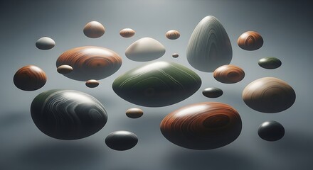 Abstract composition of various smooth, floating, pebble-like objects with subtle textures.