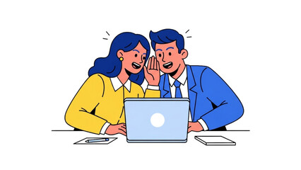High-quality black outline colorful art of two coworkers sharing a secret behind laptop, minimalist workplace gossip illustration