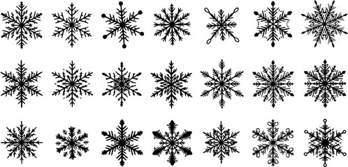 Set of 21 Diverse Black Snowflake Silhouettes. Intricate Winter and Christmas Decorative Elements, Perfect for Festive Designs and Frosty Backgrounds.