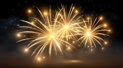 Naklejka premium Vibrant Golden Fireworks Display Exploding Against a Dark Sky During Celebration Event with Bright Sparks and Glowing Lights