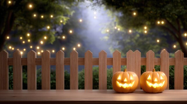 Halloween pumpkins with glowing faces on wooden table near rustic fence with sparkling lights in dark forest atmosphere during spooky autumn night