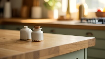 Minimalist kitchen scene with ceramic jars and natural light on wooden countertop
