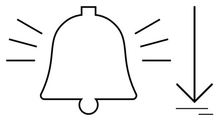 Bell emitting sound waves paired with a downward arrow indicating actions, updates, or reminders. Ideal for notifications, alerts, updates, downloads, reminders urgency and calls to action. Simple