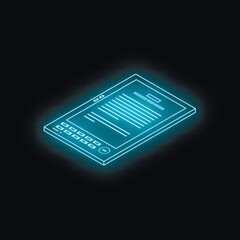 Neon blue isometric e reader showing text on dark background, representing future of reading technology