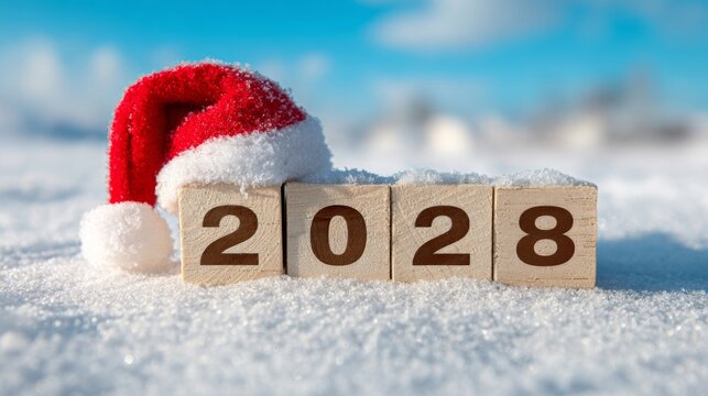 Merry Christmas, xmas, saint nicholas, new year, winter holiday celebration greeting card - Wooden cubes with year 2028 and santa hat in snow - Powered by Adobe